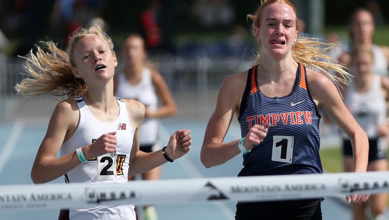 Timpview’s Jane Hedengren wins the girls 3200 meter race the 5A track state championships at the Clarence F. Robison Outdoor Track and Field in Provo, on Thursday, May 19, 2022. Mountain View’s Julie Moore, left, takes second.