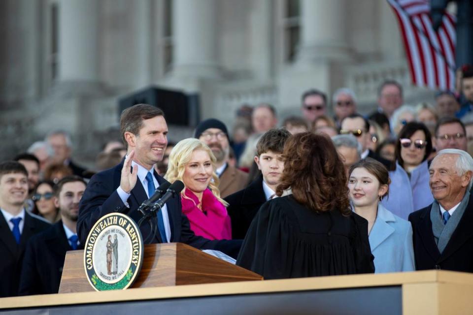 Gov. Andy Beshear is sworn in for his second term during his inauguration ceremony at the Capitol in Frankfort, Ky., December 12, 2023. Silas Walker/swalker@herald-leader.com