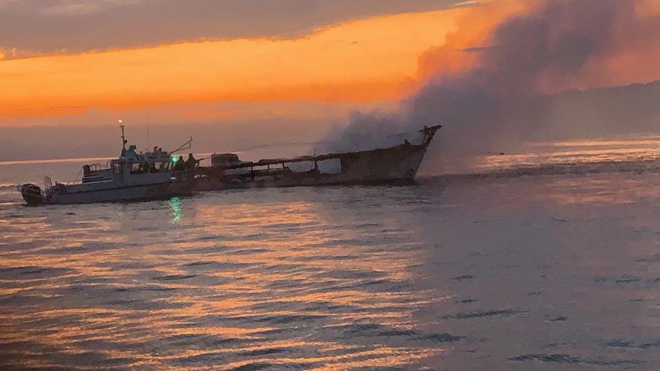 This photo from the Ventura County Fire Department shows the burned-out hull of the Conception, off the north side of Santa Cruz Island, California.