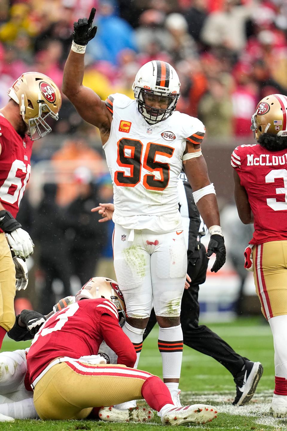 Cleveland Browns defensive end Myles Garrett (95) gestures over San Francisco 49ers quarterback Brock Purdy during the first half Sunday in Cleveland.