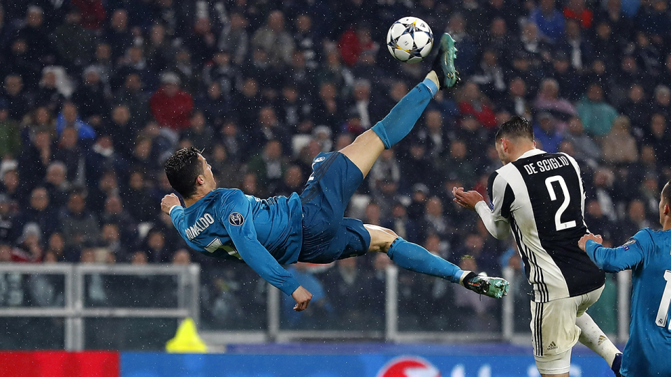 Ronaldo scored an incredible bicycle against Juventus. Pic: Getty