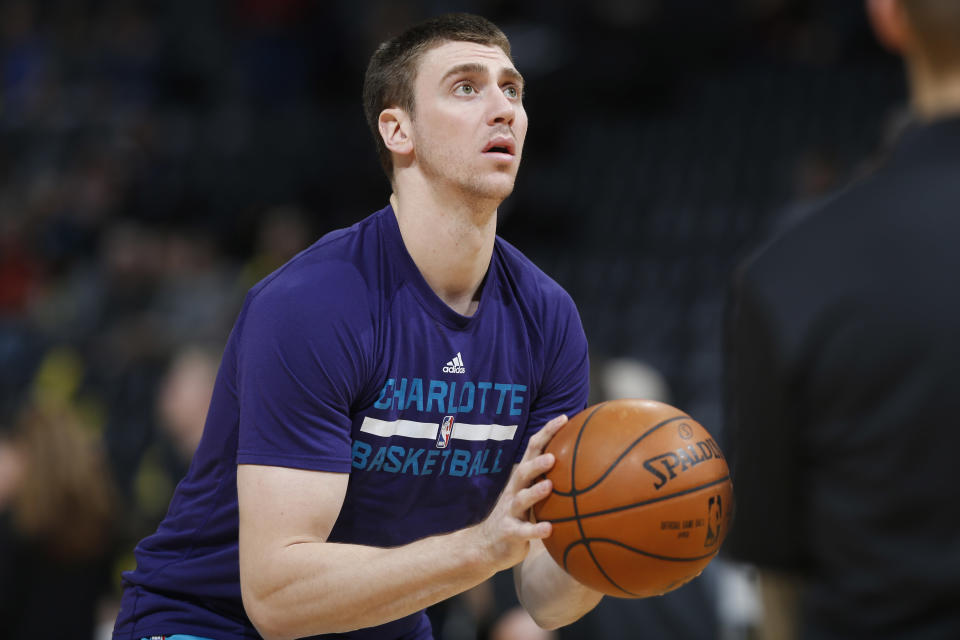 Charlotte Hornets forward Tyler Hansbrough (50) during the first half of an NBA basketball game  Sunday, Jan. 10, 2016, in Denver. (AP Photo/David Zalubowski)