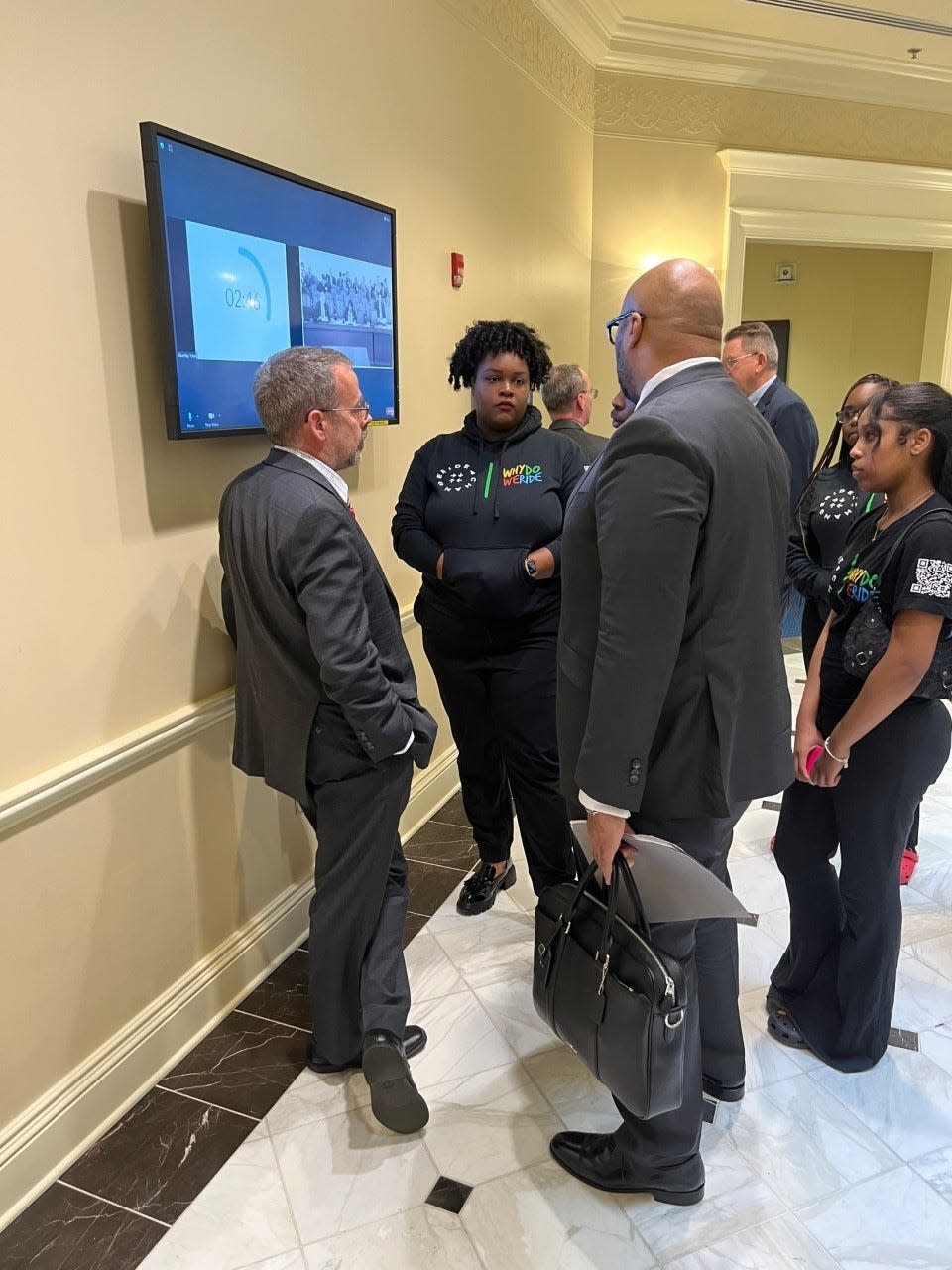 Del. William Wivell, R-Washington, speaks to members of the B-360 organization that works with young riders outside the hearing room in Annapolis on March 2, 2023. Wivell called the legislation "“a start,” during the hearing.