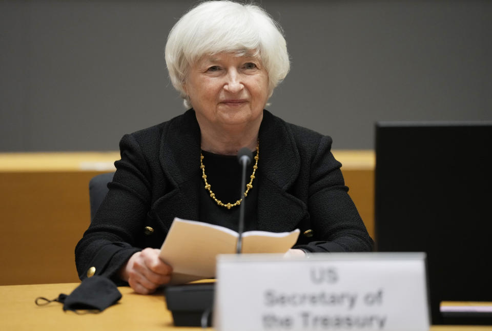 FILE - In this July 12, 2021 file photo, U.S. Treasury Secretary Janet Yellen prepares to speak during a meeting of eurogroup finance ministers at the European Council building in Brussels. Yellen is telling Congress, Wednesday, Sept. 8, that she will run out of maneuvering room to keep from broaching the government’s borrowing limit during the month of October. (AP Photo/Virginia Mayo, File)