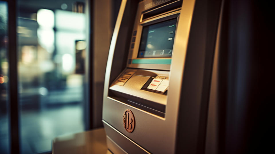 A close up view of an ATM interface with the company logo displayed prominently.