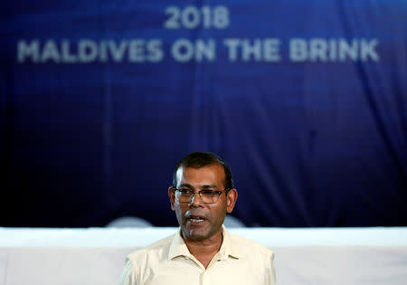 Maldives former President Mohamed Nasheed speaks to the media at the end of the Maldives presidential election day at a hotel in Colombo, Sri Lanka September 24, 2018. REUTERS/Dinuka Liyanawatte