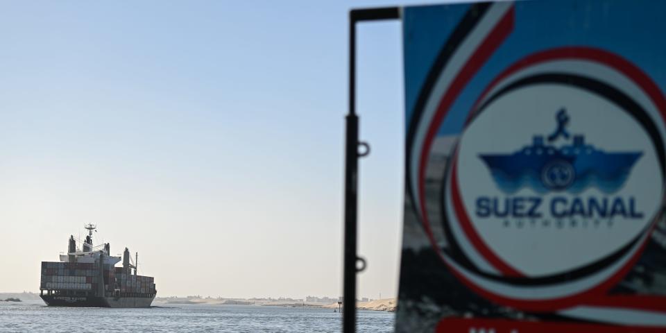 A ship transits the Suez Canal towards the Red Sea on January 10, 2024 in Ismailia, Egypt.