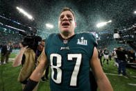 <p>Brent Celek #87 of the Philadelphia Eagles celebrates after defeating the New England Patriots 41-33 in Super Bowl LII at U.S. Bank Stadium on February 4, 2018 in Minneapolis, Minnesota. (Photo by Patrick Smith/Getty Images) </p>