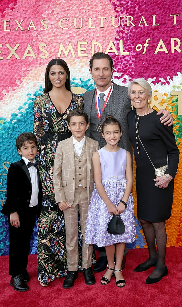 AUSTIN, TEXAS – FEBRUARY 27: (L – R) Livingston Alves McConaughey, Camila Alves, Levi Alves McConaughey, honoree Matthew McConaughey, Vida Alves McConaughey and Kay McConaughey attend the Texas Medal Of Arts Awards at the Long Center for the Performing Arts on February 27, 2019 in Austin, Texas. <em>Photo by Gary Miller/Getty Images.</em>