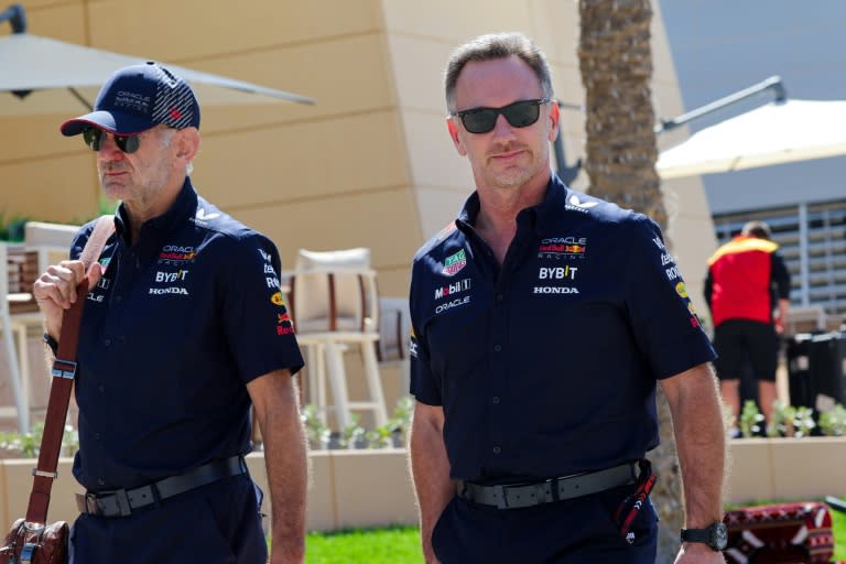 Tense times: Red Bull team principal Christian Horner (R) and Adrian Newey at the Bahrain Grand Prix in March (Giuseppe CACACE)