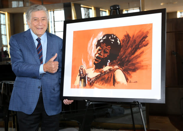 Bennett posing with one of his paintings at the Ella Fitzgerald's 100th Birthday Celebration & Ella Fitzgerald Day Proclamation at The Rainbow Room on April 25, 2017 in New York City.<p>Photo by Monica Schipper/FilmMagic</p>