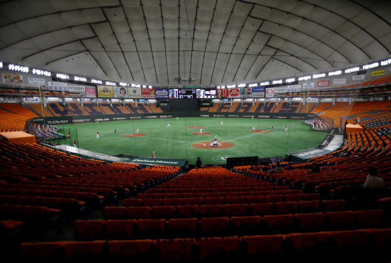 Baseball game held without spectators due to the spread of the coronavirus disease (COVID-19) at Tokyo Dome in Tokyo