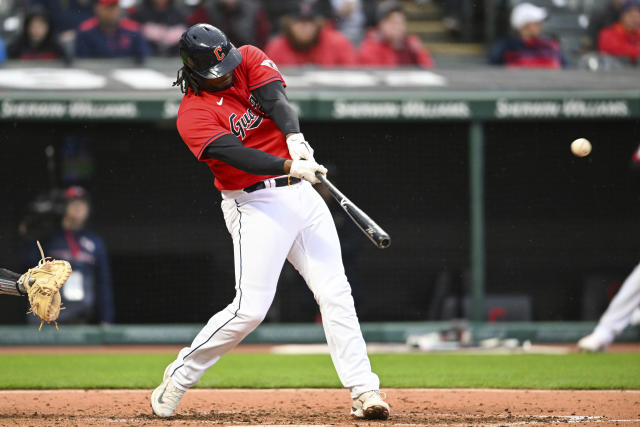 Miami Marlins' Jorge Soler reacts after striking out during the fifth  inning in the first baseball game of a doubleheader against the Cleveland  Guardians, Saturday, April 22, 2023, in Cleveland. (AP Photo/Nick