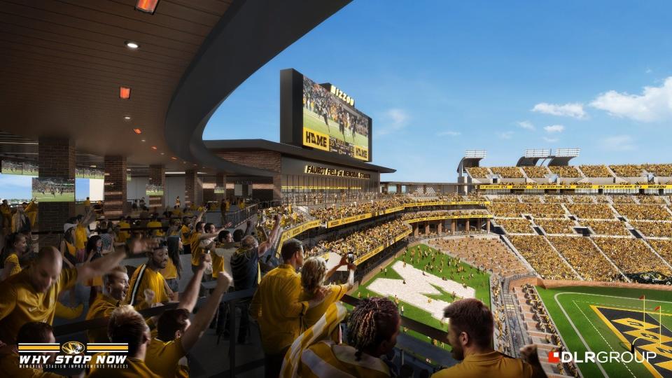 Rendering of a planned renovation to the north concourse at Memorial Stadium, the home of Missouri football, provided by architecture firm DLR Group and Missouri athletics. The resolution for the estimated $250 million project was approved Thursday in Rolla, Missouri.