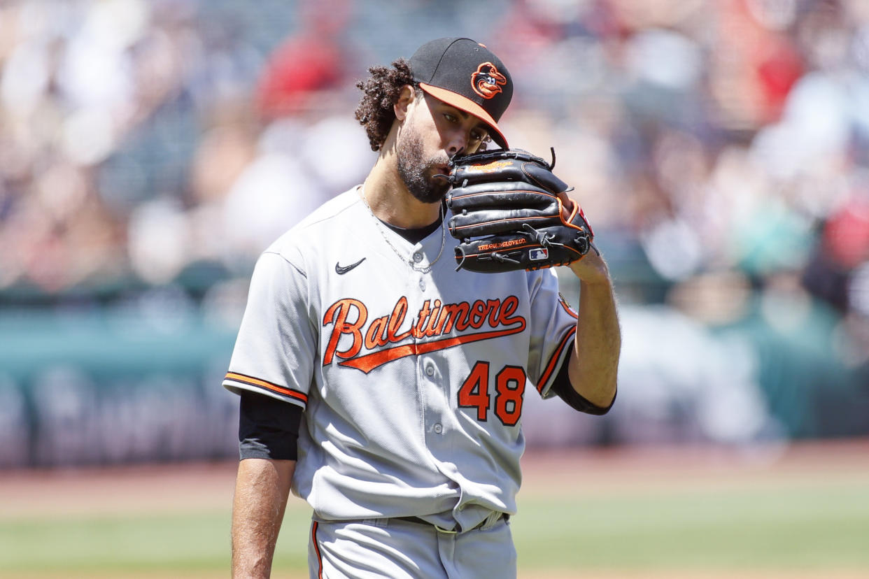 CLEVELAND, OH - JUNE 17: Jorge Lopez #48 of the Baltimore Orioles reacts after giving up three runs against the Cleveland Indians during the first inning at Progressive Field on June 17, 2021 in Cleveland, Ohio. The Indians defeated the Orioles 10-3. (Photo by Ron Schwane/Getty Images)