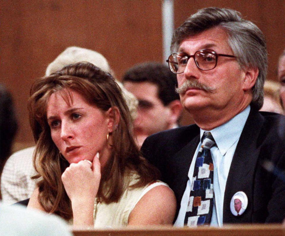 SANTA MONICA, CA - JUNE 25:  Kim Goldman (L) and Fred Goldman (R) sister and father of murder victim Ronald Goldman listen to Superior Court Judge Alan Haber in a Santa Monica, California, court 25 June during a court session in the wrongful death lawsuit against O.J. Simpson.  Simpson was acquitted October 1995 of the 12 June 1994 murders of his ex-wife Nicole and Goldman, 25, a waiter friend.  (Photo credit should read AFP/AFP/Getty Images)