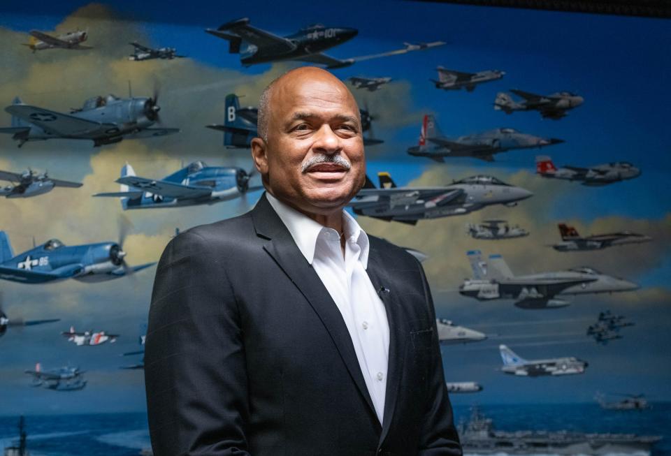 Phillip Brashear, retired Army Chief Warrant Officer, talks at the National Naval Aviation Museum on board NAS Pensacola on Thursday, June 15, 2023.