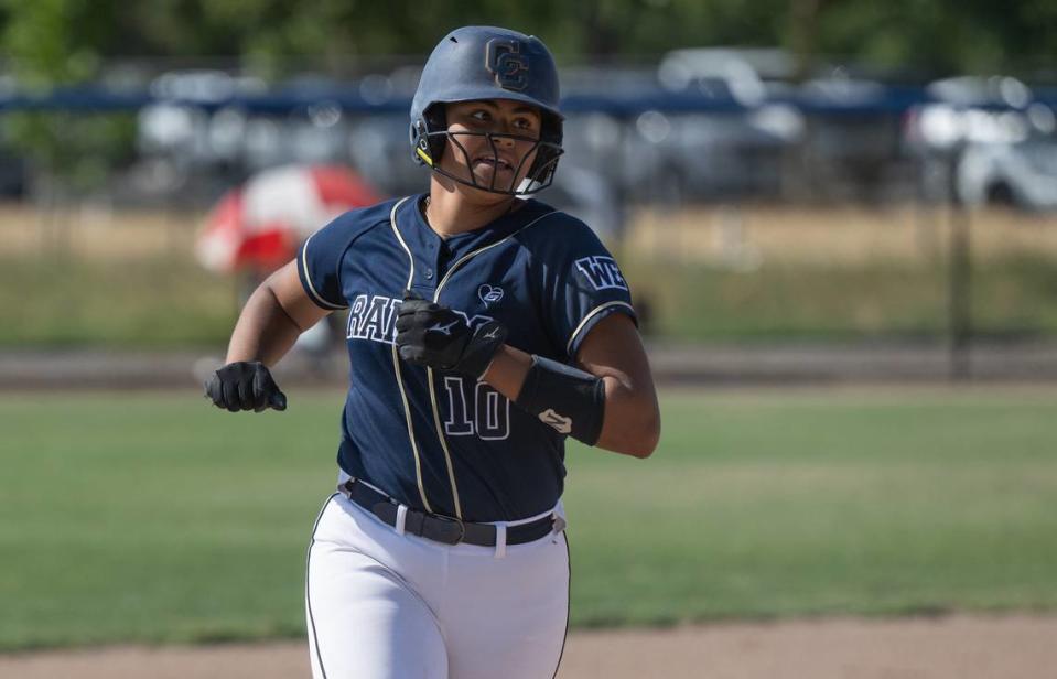 Central Catholic’s Madison Harrison rounds the bases after hitting a home run during the Northern California Regional Division III semifinal playoff game with Pleasant Valley at Central Catholic High School in Modesto, Calif., Thursday, June 1, 2023. Central won the game 8-1.