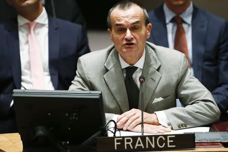 FILE PHOTO: French Ambassador to the U.N. Gerard Araud addresses the Security Council during a meeting about the situation in the Middle East, including Palestine, at United Nations headquarters in New York, July 22, 2014. REUTERS/Eduardo Munoz