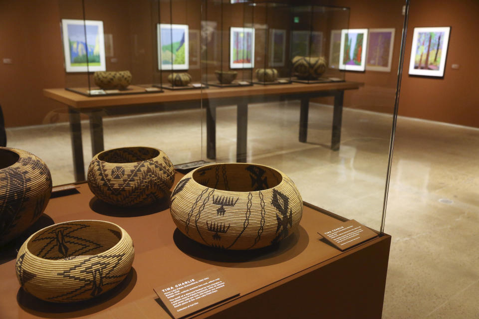 In this Wednesday, Oct. 23, 2019, photo, British artist David Hockney has his Yosemite work, background, along with baskets from weavers of the Miwok and Mono Lake Paiute tribes on display at the Heard Museum in Phoenix. "David Hockney's Yosemite and Masters of California Basketry" exhibition opens Monday. (AP Photo/Ross D. Franklin)