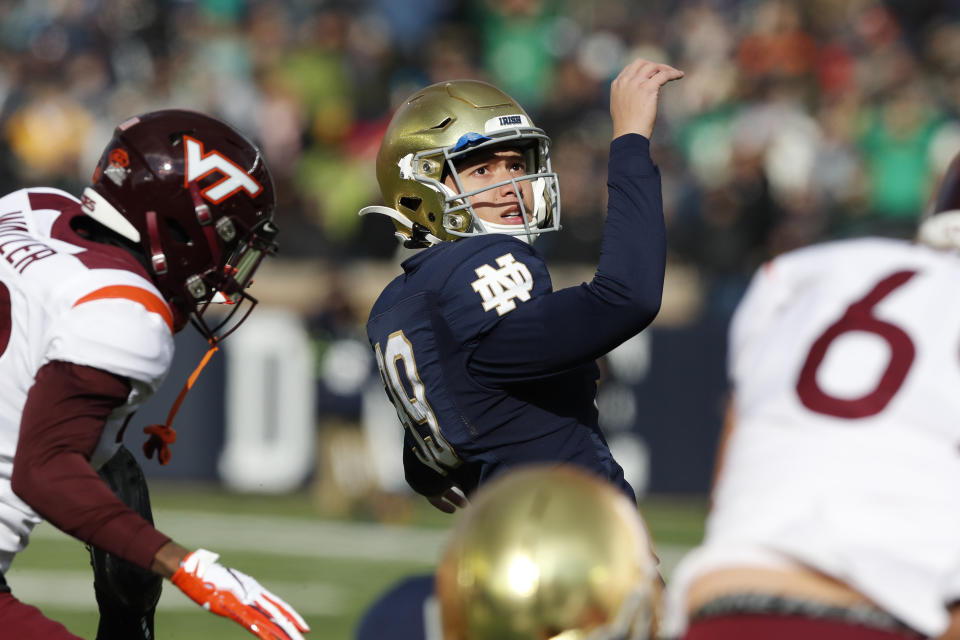 Notre Dame place kicker Jonathan Doerer kicks during the first half of an NCAA college football game, Saturday, Nov. 2, 2019, in South Bend, Ind. Doerer pays careful attention to the nuances of his stance, swing path and ball contact — and not just in football. Notre Dame’s senior kicker also frequents the driving range, a habit that only increased when he was home in Charlotte for the spring and summer. (AP Photo/Carlos Osorio)