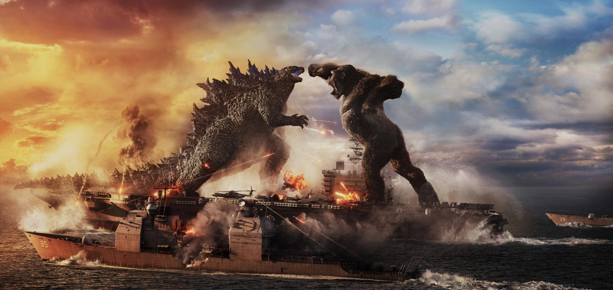 (L-r) GODZILLA battles KONG in Warner Bros. Pictures’ and Legendary Pictures’ action adventure “GOZILLA VS. KONG,” a Warner Bros. Pictures and Legendary Pictures release. (Warner Bros.)