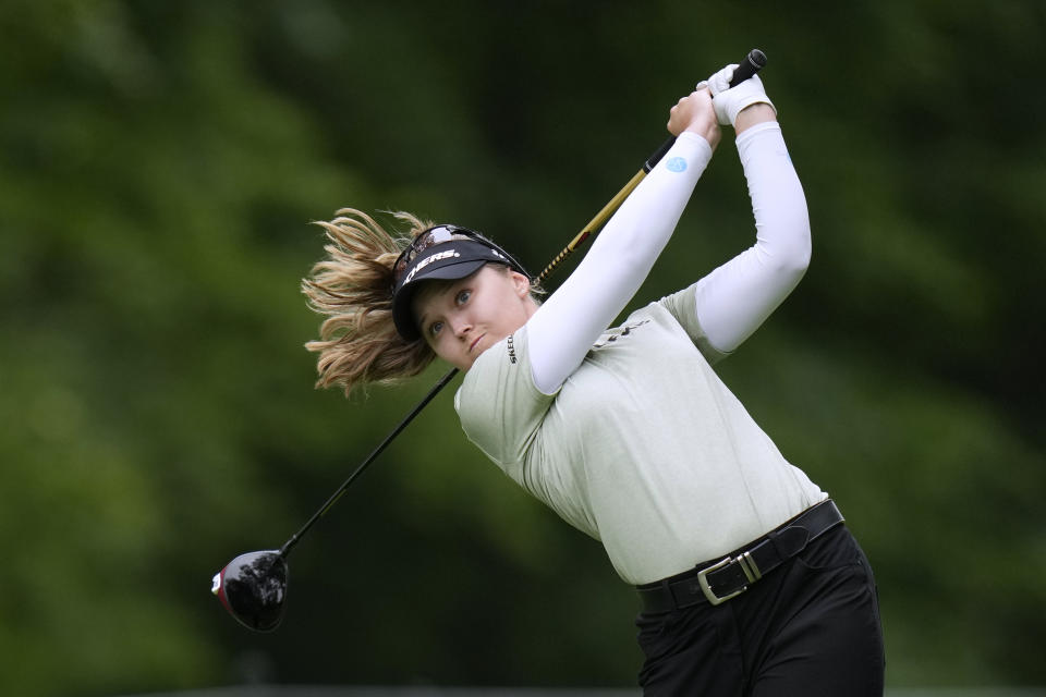Brooke M. Henderson, of Canada, tees off on the third hole during the second round of the Women's PGA Championship golf tournament, Friday, June 23, 2023, in Springfield, N.J. (AP Photo/Seth Wenig)
