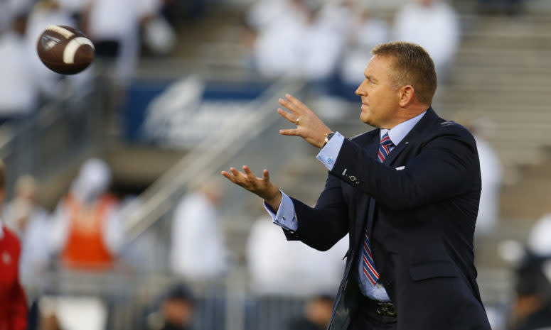 espn's Kirk Herbstreit catches a pass on the field ahead of an Ohio State vs. Penn State game. He recently discussed the upcoming Alabama vs. LSU game. He called his first Monday Night Football game in 2020. He discussed the USC coaching situation after Clay Helton was fired.