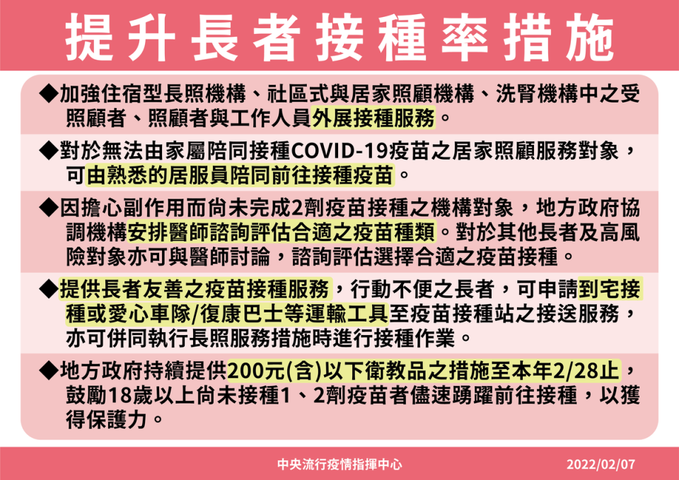 指揮中心祭出5項措施提升長者疫苗接種率。（指揮中心提供）