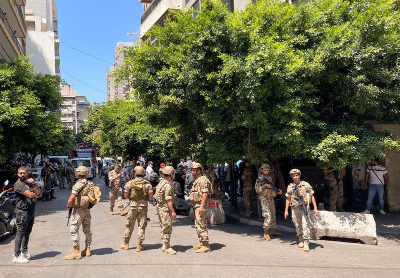 Members of the Lebanese army secure the area near Federal bank in Beirut