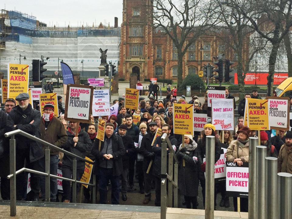 Demonstrators outside Queen’s University Belfast, as a five-day walkout at Queen’s and Ulster University, either side of this weekend, began in a dispute over pensions: Aine Fox/PA Wire