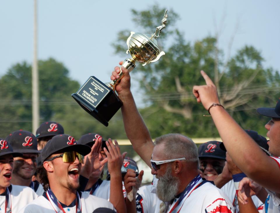 Lafayette Post 11 celebrate after the American Legion baseball state final against Rockport Post 254, Tuesday, July 25, 2023, at Highland Park in Kokomo, Ind. Lafayette Post 11 won 13-4.