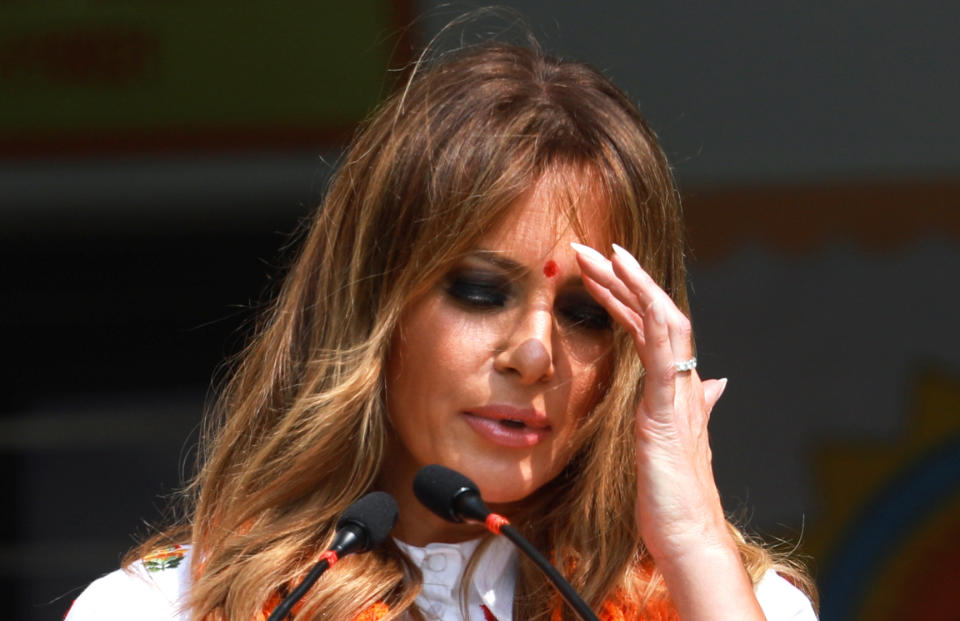 U.S. first lady Melania Trump gestures as she speaks at the Sarvodaya Co-Education Senior Secondary School in Moti Bagh, in New Delhi, during a visit by U.S. President Donald Trump in India, February 25, 2020. REUTERS/Anushree Fadnavis