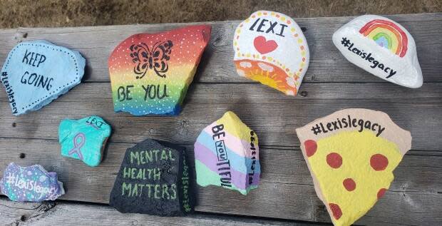 Some of the rocks painted by Lexi's sisters in an effort to keep the conversation going about mental health reform. 