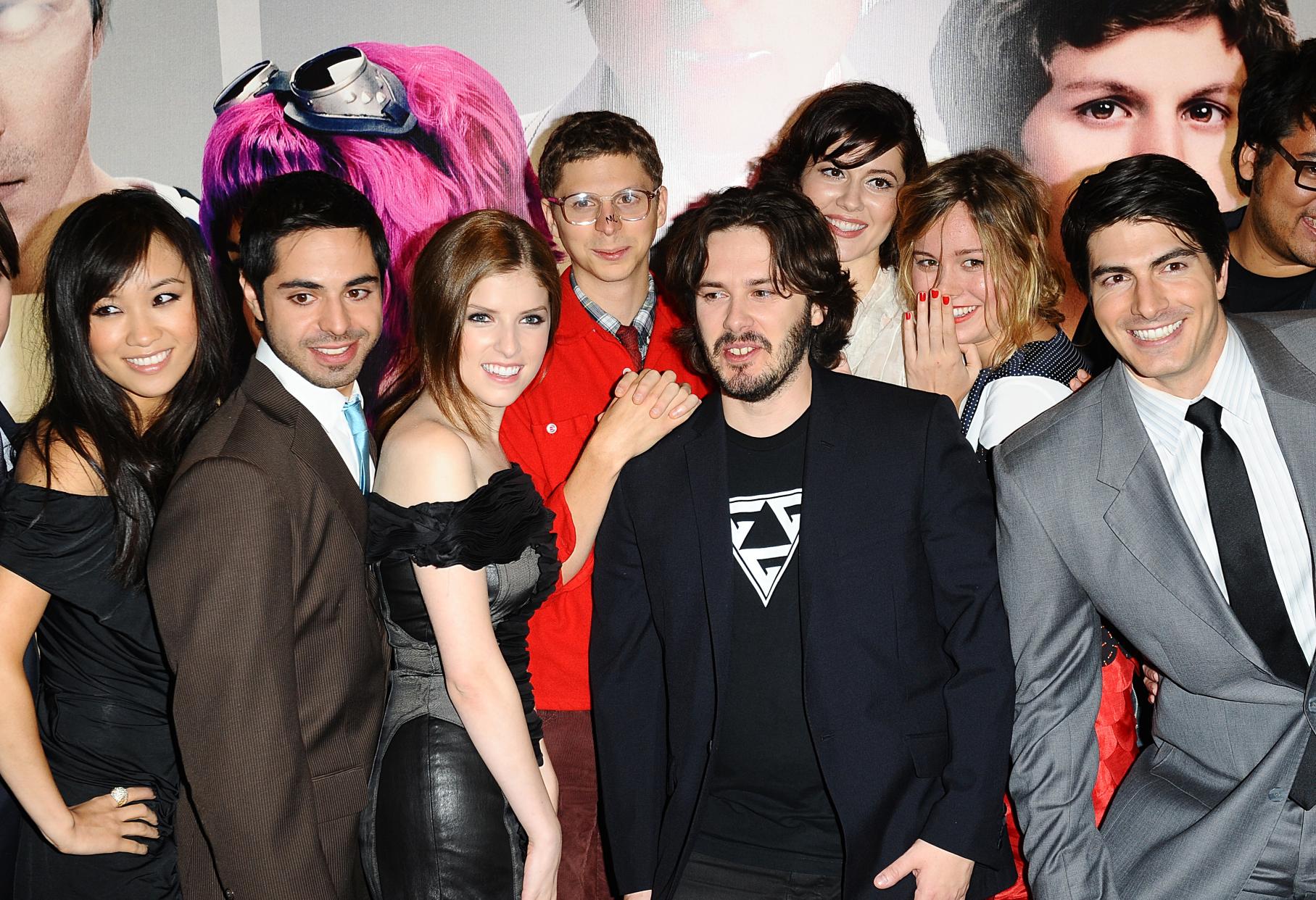 Cast members (l-r) Ellen Wong, Satya Bhabha, Anna Kendrick, Michael Cera, director Edgar Wright, Mary Elizabeth Winstead, Brie Larson and Brandon Routh arriving for the premiere of Scott Pilgrim vs The World at the Odeon, Leicester Square, London   (Photo by Ian West/PA Images via Getty Images)