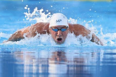 Aug 7, 2015; San Antonio, TX, USA; Michael Phelps swims in the men's 200 meter butterfly final during the Phillips 66 National Championships at Northside Swim Center. Mandatory Credit: Soobum Im-USA TODAY Sports