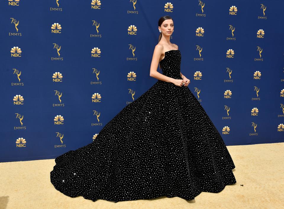 Angela Sarafyan in Christian Siriano and Harry Kotlar jewelry