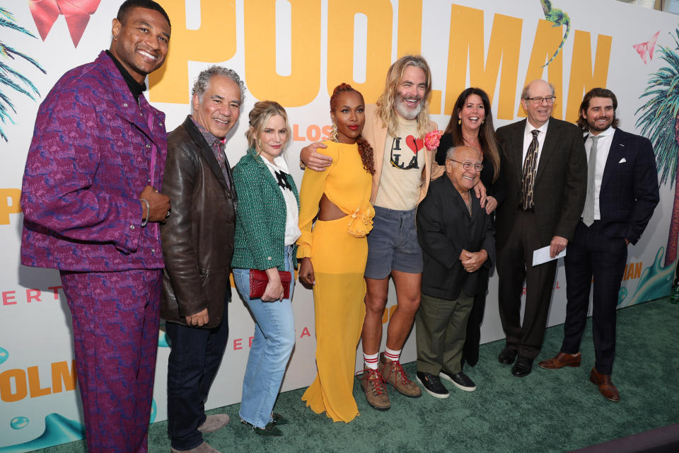 Armie Hicks Jr., John Ortiz, Jennifer Jason Leigh, DeWanda Wise, Chris Pine, Danny DeVito, Patty Jenkins, Stephen Tobolowsky, and Hollis W. Chambers attend the Los Angeles premiere of "Poolman"