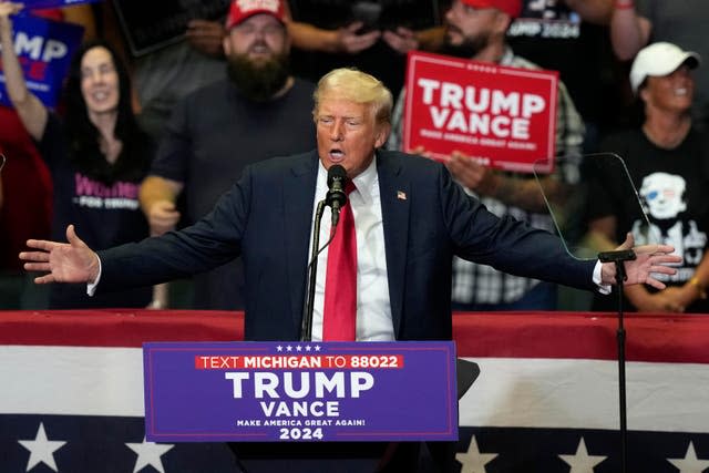 Republican presidential candidate former president Donald Trump speaks at a campaign event 