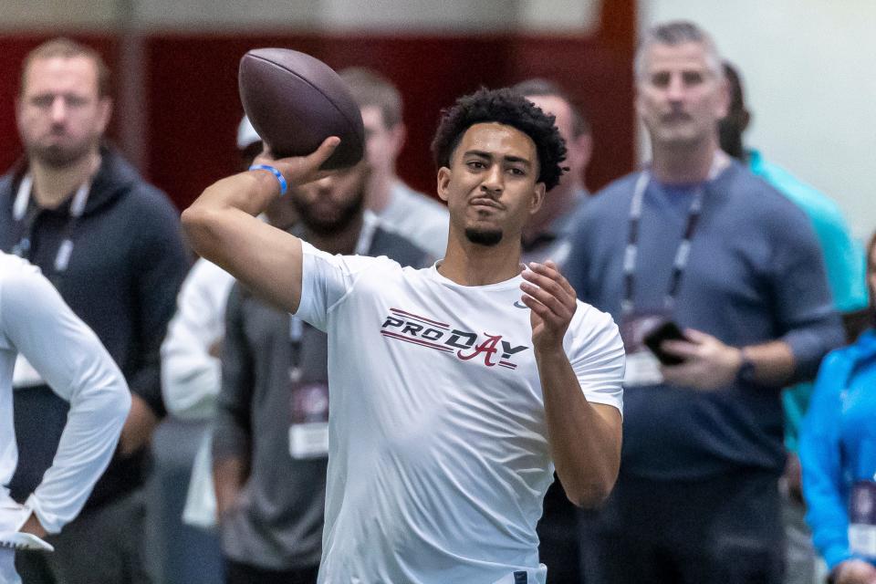 Former Alabama quarterback Bryce Young performs at his pro day.