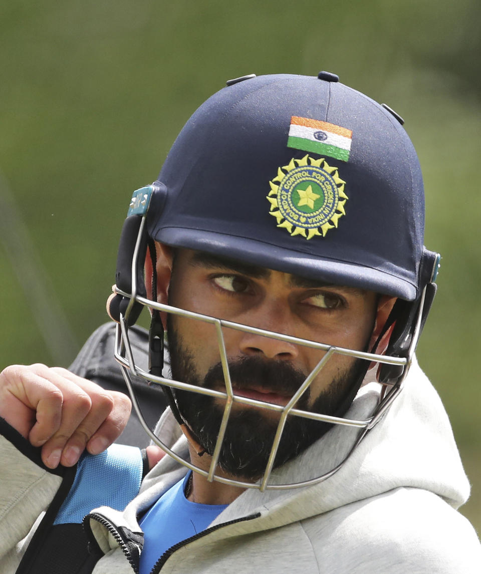 India's captain Virat Kohli leaves after batting in the nets during a training session ahead of their Cricket World Cup match against South Africa at Ageas Bowl in Southampton, England, Thursday, May 30, 2019. (AP Photo/Aijaz Rahi)