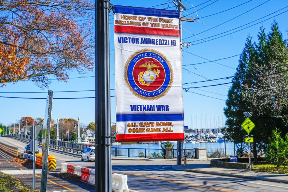 Barrington's banner tribute honors the 56 town veterans who died while serving their country.