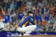 Houston Astros relief pitcher Josh Hader watches the two-run home run by Toronto Blue Jays' Davis Schneider during the ninth inning of a baseball game Tuesday, April 2, 2024, in Houston. (AP Photo/Eric Christian Smith)