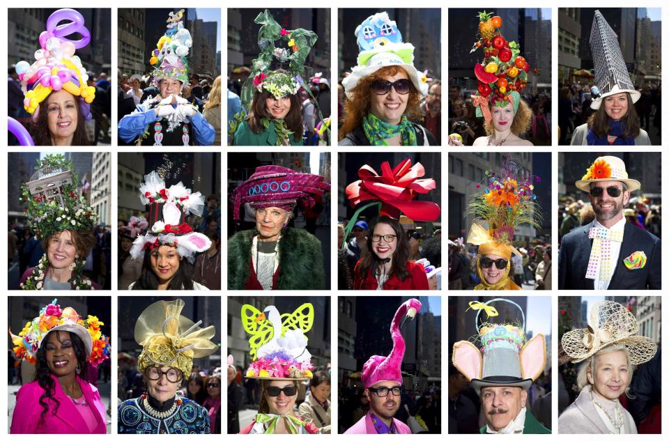 A combination photograph shows participants posing for portraits during the annual Easter Bonnet Parade in New York