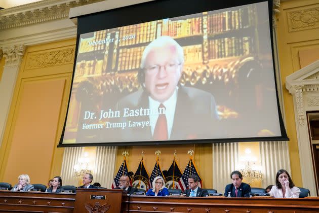 Lawyer John Eastman, seen on video during a House select committee hearing on the Jan. 6, 2021, riot at the U.S. Capitol, wants the Supreme Court to endorse a radical theory he leaned on to promote overturning the 2020 presidential vote. (Photo: Jabin Botsford/The Washington Post via Getty Images)