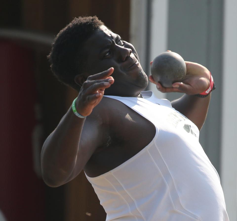 Ikechukwu Nnaeto of Delbarton in the shot put at the Morris County Track and Field Championships held in Boonton, NJ on May 26, 2021.