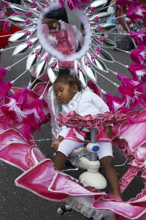 A young child sleeps in a flamboyantly decorated buggy during a parade on the first day of the Notting Hill Carnival in west London on August 30, 2015