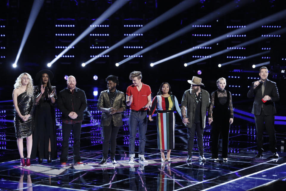 Each coach has the choice to swivel around and&nbsp;try to convince the singer onstage to join their &ldquo;team&rdquo; of 12 contestants. If more than one coach turns, the contestant can choose which celebrity will guide them. Then battle rounds begin, when two teammates perform a duet that determines which half of the duo stays and which half goes. (If&nbsp;a performer is booted by their coach, another can "steal" that contestant.) The surviving singers perform in a knockout round before the final live shows. (Photo: Tyler Golden/NBC via Getty Images)