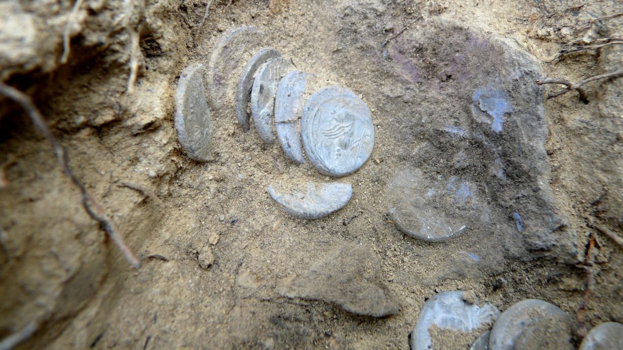  We see silver coins buried in the dirt. 