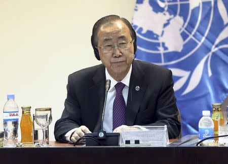 United Nations Secretary General Ban Ki-moon listens during a news conference with Salim al-Jabouri, speaker of the Iraqi Council of Representatives, in Baghdad March 30, 2015. REUTERS/Karim Kadim/Pool